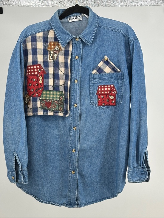 Tops - Vintage Medium Denim Button-Up Shirt Patchwork  Embroidered Blue Americana